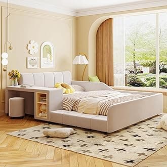 Velvet Upholstered Grounded Platform Bed, Wooden Full Size Mother & Child Bed Frame with Bedside Desk and Little Round Stool, Kids Adults Bedroom Furniture Floor Bed Platform (Beige)