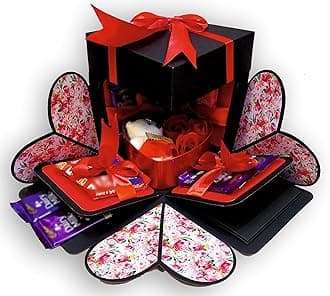 Explosive Gift Box, Birthday Gift, Wedding Gift, Valentine Love Gift For Your Wife/Husband, Fiance, Boyfriend With 12 Chocolate Each (1 Tin Box Includes Teddy & Roses), Pack of 1