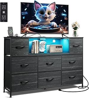 Black Dresser TV Stand for 45, 50, 55 inch TV, Entertainment Center with LED Lights & Charging Station, Chest of Drawers with 8 Fabric Drawers and Open Shelves for Living Room, Hallway, Wood Top