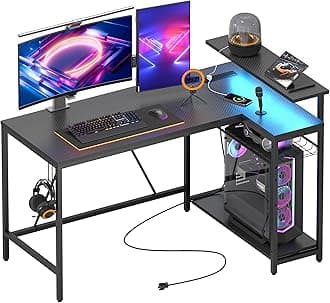 Bestier 52" Gaming Desk with Integrated Power Outlet & USB Ports, L-Shaped Computer Desk with LED Strip & Headphone Hooks, Perfect for Home Office Pink,Carbon Fiber Black