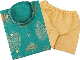 SuperminisBoy's Golden Foil Printed Side Open Cotton Kurta, Round Collar, Full Sleeves With Cream Color Dhoti, Kurta Set