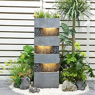 SERBILHOME 40" Tall Large Fountain Outdoor Rainfall 4 Tier Fountain with LED Light Modern Fountain Plant Holder Design Patio Deck Garden Outdoor Space Home Office