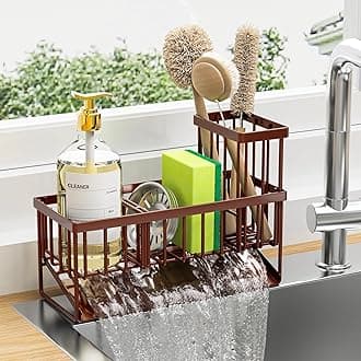 Cisily Kitchen Sink Caddy, Sponge Holder for Kitchen Sink, Kitchen Sink Organzier and Storage with High Brush Holder, Rustproof 304 Stainless Gadgets Sink Accessories(Brown)