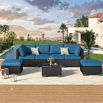 U-MAX 7 Piece Outdoor Patio Furniture Set, PE Rattan Outdoor Wicker Sectional Furniture Chair Set with Cushions and Tea Table, Black Rattan and Peacock Blue Cushion
