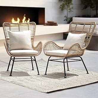 IDZO Isabelle Upgraded 2000 Hours UV Wicker Chairs Outdoor Set of 2, 500 lbs Capacity Outdoor Patio Chair, All-Weather Club Chair with Water-Resistant Olefin Cushions, Boho Style, Beige
