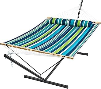 SUPERJARE Hammock with Stand, 2 Person Quilted Outdoor Hammock, Detachable Pillow & Bamboo Spreaders, Portable Hammock with Carrying Bag, Heavy Duty Stand, Perfect for Outside, Patio, Dark Cyan