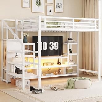 Full Size Loft Bed with Stairs and Desk, Metal Bed Frame with Storage Bookcase and Low Desk Cabinet, Heavy-Duty for Adults, Teens and Kids, White