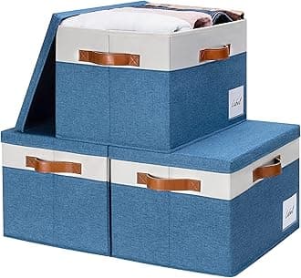 GhvyenntteS Fabric Storage Bins with Lids (3 Pack), Large Closet Storage Baskets with Lid and 3 PU Handles, Foldable Fabric Storage Boxes with Label Window for Home Office (Blue, 15" x 11" x 9.7")