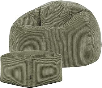 icon Kingston Cord Bean Bag with Footstool, Sage Green, Large Adult Bean Bag Chair with Filling Included, Comfy Chair, Pouffe Footstool, Living Room Furniture, Bedroom Furniture