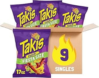 Takis Fuego 9 ct, 17 oz Fiesta Size Case, Hot Chili Pepper & Lime Flavored Extreme Spicy Rolled Tortilla Chips