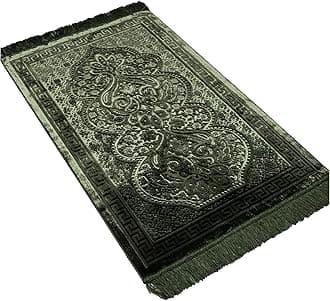 Modefa Velvet Islamic Prayer Rug with Prayer Beads Turkish Janamaz Sajadah Floral Luxury Plush Paisley (Dark Green)