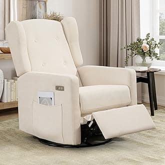 Power Recliner Chair for Adults, Electric Nursery Rocking Glider Chair with USB and Type-C Ports, Chenille Wide Swivel Rocker for Living Room, Bedroom (Beige)