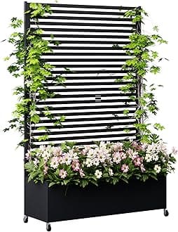 Metal Planter Box with Trellis Privacy Screen, Raised Garden Bed with Trellis & Wheels, Privacy Planters for Patio, Planter Box with Drainage Holes for Climbing Plants, 73"x 47"x 16", Black