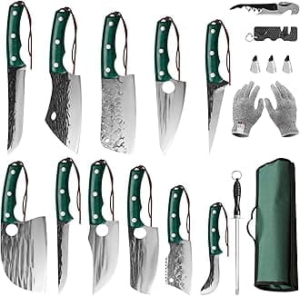 FULLHI Portable 17pcs Butcher Chef Knife Set Green woodhandle High Carbon Steel Cleaver Kitchen Knife FullTang Vegetable Cleaver Home BBQ Camping with Knife Bag
