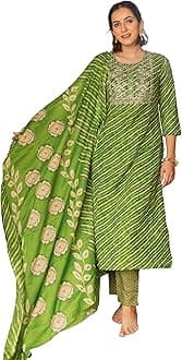 MIRCHI FASHIONWomen's Straight Fit Cotton Leheriya Printed Sequins Embroidered Kurta Set with Dupatta and Trouser