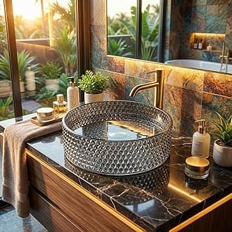 - InArt Moduler Vanity Crystal Glass Wash Basin/Glossy Finish/Bathroom Sink/Vessel Sink Table Top Wash Basin/Wash Basin For Bathroom Bowl For Bathroom/Washroom 395x395x120 mm Black Silver Color