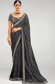 SIRIL Women's Bandhani Printed Embroidery Lace Georgette Saree with Unstitched Blouse Piece