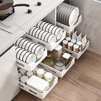 U-HOOME Pull Out Cabinet Drawer Kitchen Organizer,Slide Out Pantry Shelves Spice Rack Fits Spices, Sauces, Cans etc,Under Cabinet Storage (1pcs-Pull out Dish rack)