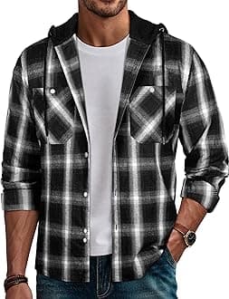 Mens Hooded Flannel Shirts Fall Plaid Hoodie Shirt for Men Lightweight Long Sleeve