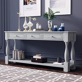 64" Console Table, Long Extra-Thick Solid Wood Sofa Table with Different Size Drawers/Open Countertop/Bottom Shelf, Mediterranean Style Entryway Table for Living Room (Gray/64 Long)
