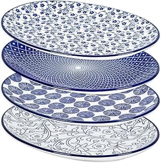 Selamica Serving Platter, 14 Inch Large Serving Dishes for Entertaining, Oval Ceramic Serving Trays for Party, Steak, Cake, Dinner, Fruit, Oven Safe, Microwave Safe, Set of 4, Vintage Blue