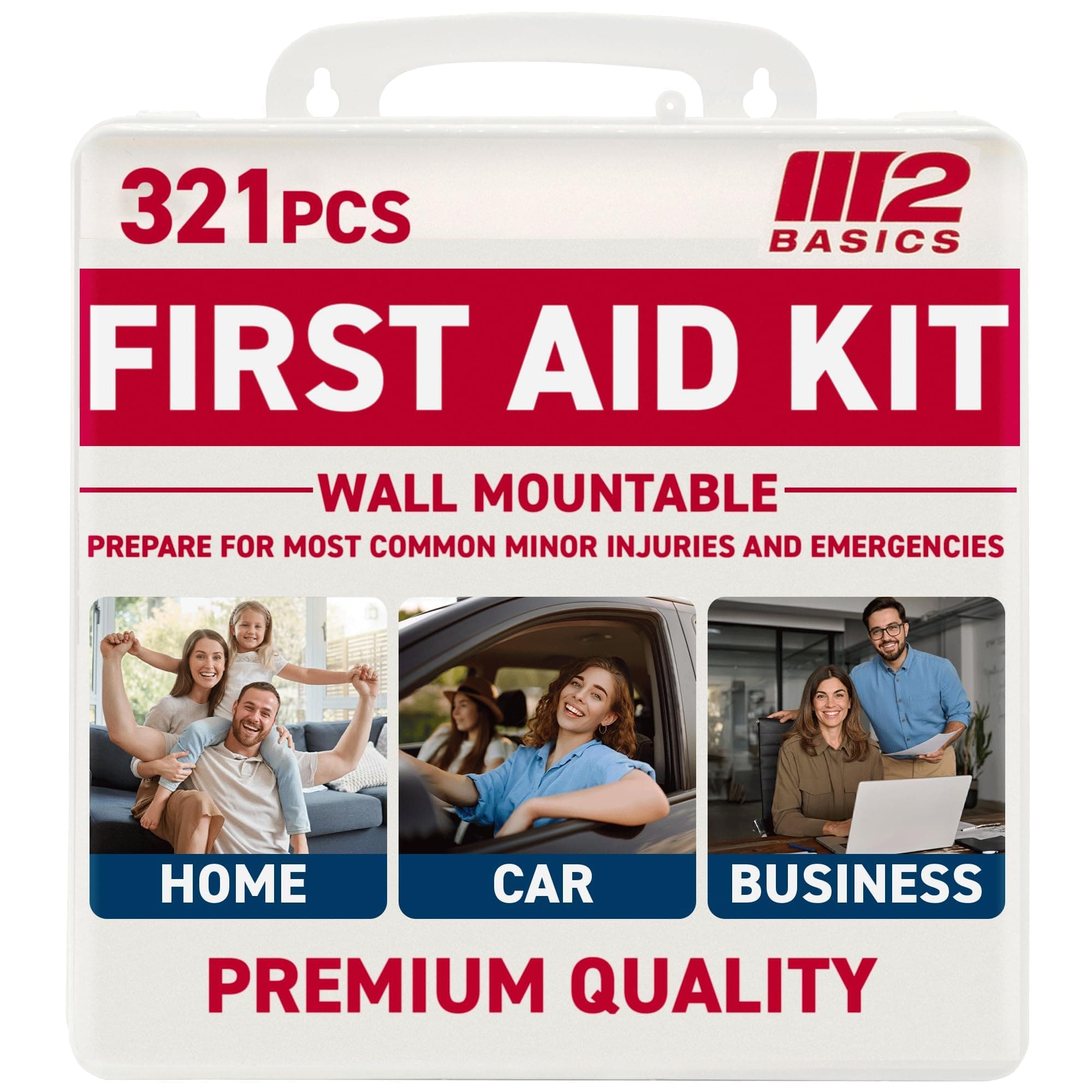 M2 BASICS Premium 321 Piece First Aid Kit, All Purpose Kit with Hard Case for Home, Car, Business, School, Office & Vehicle