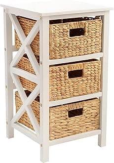eHemco 3 Tier X-Side End Table with 3 Wicker Baskets for Bedside, Living Room, White