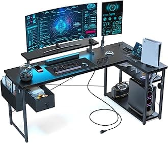 DOMICONL Shaped Gaming Desk, 63 Inch Computer Desk with Adjustable Stand & RGB Lights, Corner Desk for Power Outlet, Carbon Fiber Texture, Gaming Room