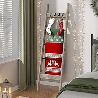 Hzuaneri Blanket Ladder for Living Room, Decorative Quilt Rack with 4 Removable Hooks, 5-Tier Farmhouse Ladder Holder Shelf Organizer for Bedroom, Greige and Black BR02105B