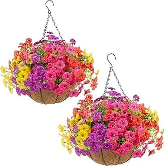 Hananona 2 Set Artificial Outdoor Flowers with Hanging Basket, 2 Hanging Planters with 24 Pcs Flowers for Spring Summer Front Porch Garden Patio Home Decor (2, Red, Purple, Yellow, Rose Red)