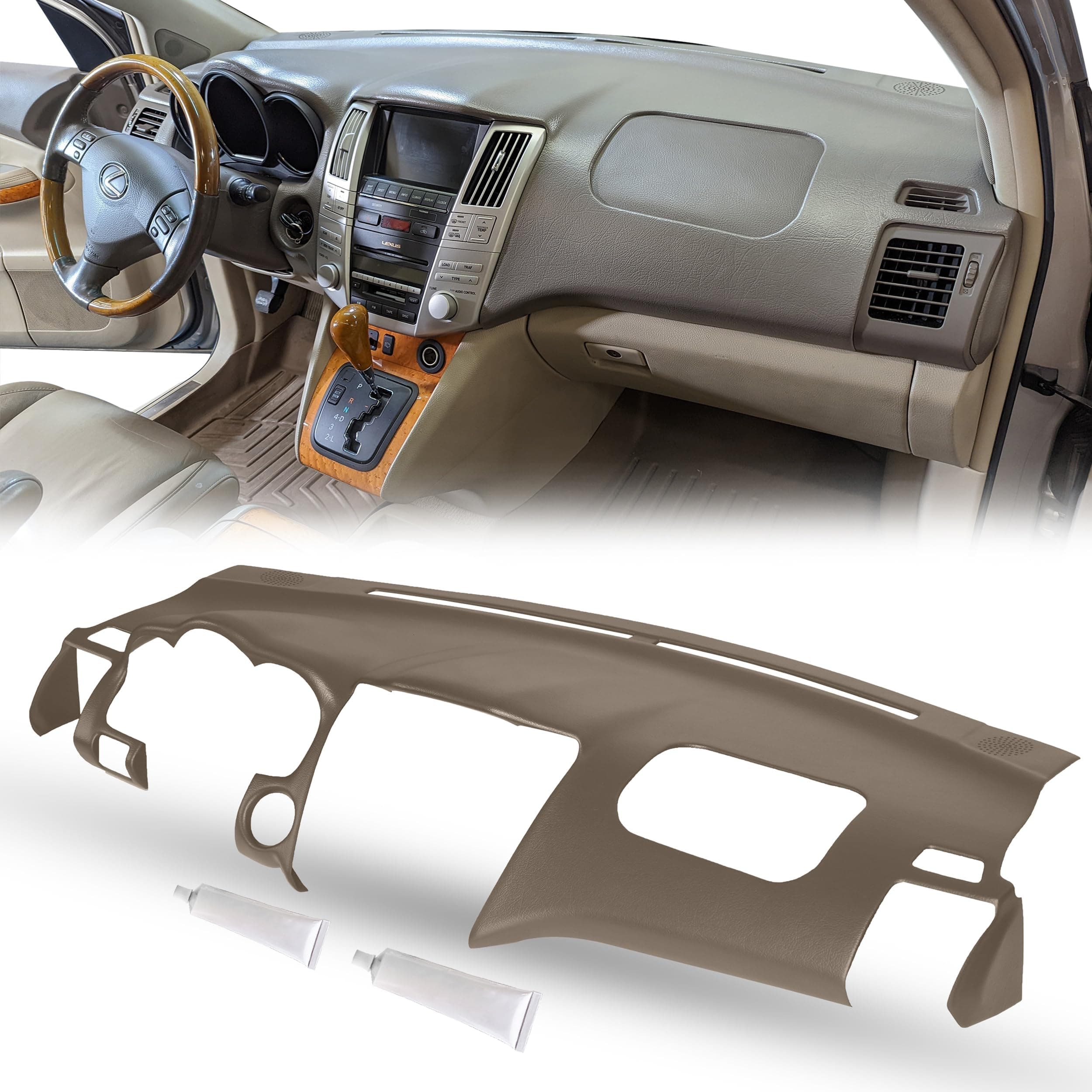 DashSkin Dash Cover Compatible with 2004-2009 Lexus RX 330 RX 350 RX 400h in Sandalwood Tan Without Center Speaker Holes - Hard Molded Plastic Dashboard Cap