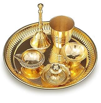 BENGALEN Brass Pooja Thali Set 6 Inch Puja Thali with Pital Plate Glass Chandan Vati Dhup Dan Kuber Diya Ghanti Arti Thali for Diwali Home Office Mandir Wedding Return Gift Items