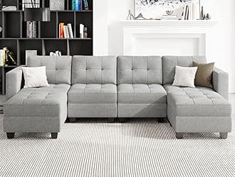 Belffin Reversible Storage Modular U-Shape Sectional Sofa Couch with Double Chaises Modular Sectional Sofa Set with Ottomans Fabric Light Grey