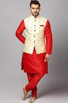 Men's Silk Blend Kurta Churidar Pyjama with Ethnic Bundi Jacket Set