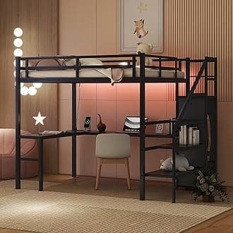 Loft Bed with Stairs Full XL Size, Metal Loft Bed Frame with Storage Wardrobe and Shelves, Heavy-Duty Black Loft Bed with Desk and LED Light and Charging Station for Adults Teens Kids