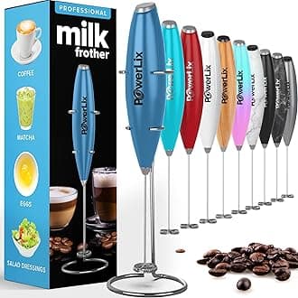 PowerLix Electric Milk Frother with Stainless Steel Stand 15-20s, 19000 RPM, Battery-Operated Milk Frother for Coffee, Latte, Cappuccino, Hot & Cold Chocolate