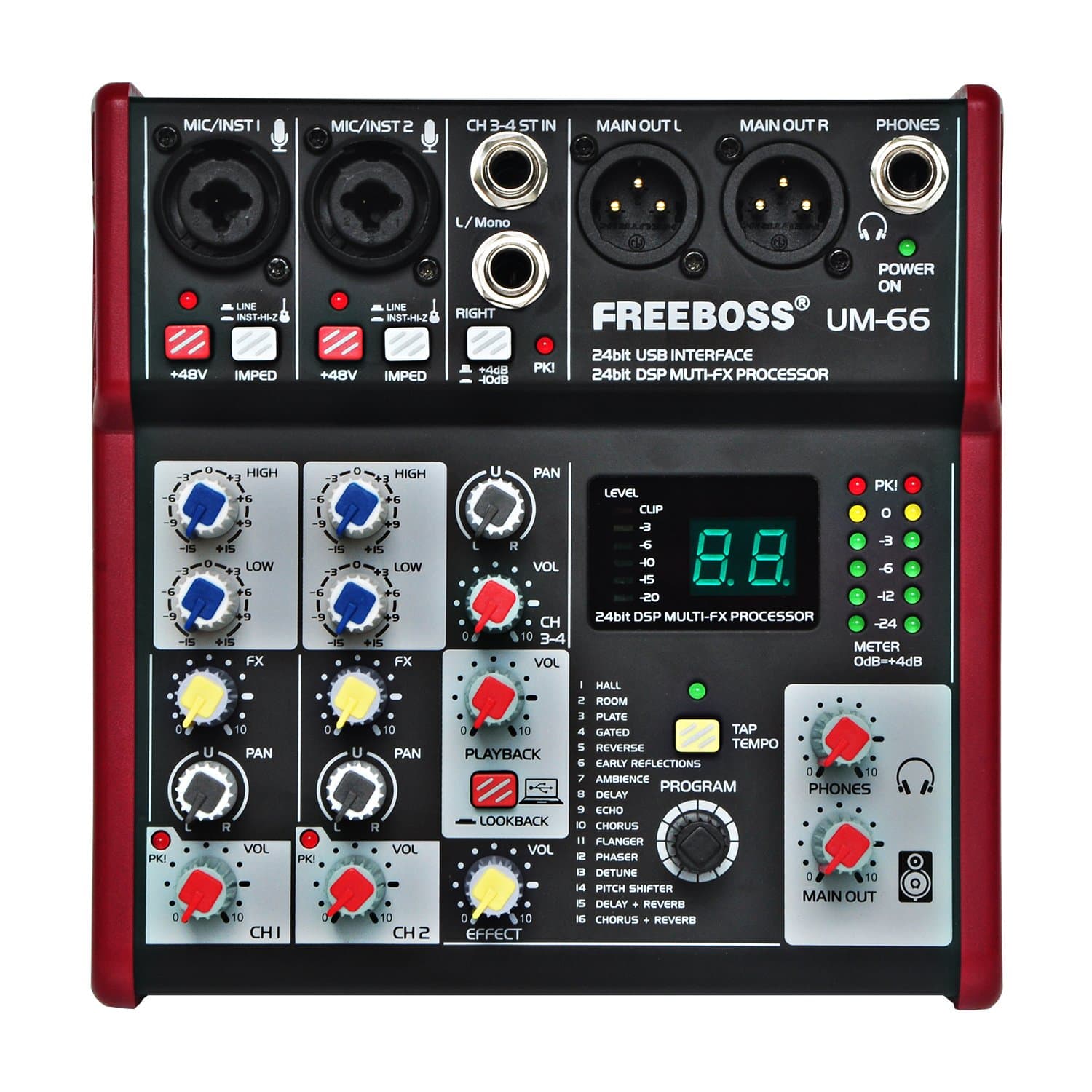 UM-66 4 Channels 16 Digital Effects 24 Bit Dsp Processor Sound Card (Hall Room Plate Delay Echo) Record Audio Mixer