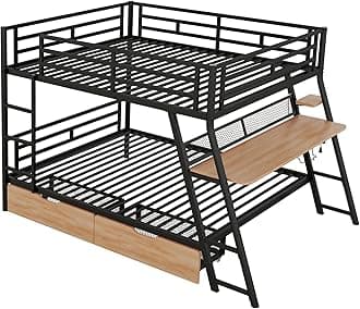 ROOMTEC Full Over Full Metal Bunk Bed for Kids, Floor Bed Frame with High Guardrail, Wood Slats, Built-in Desk, Light and 2 Drawers No Boxspring Required for Small Spaces, Black