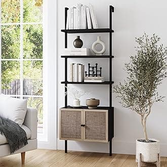 Theo Modern Bookcase with Rattan Cabinet in Matte Black and Light Oak Finish with Matte Black Metal Frame for Living Room, Home Office Storage