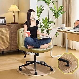 VINGLI Criss Cross Legged Chair,Wide Comfy Office Desk Chair,Dual-Use with/no Wheels Computer Task Chair,Swivel Armless Vanity Rolling Chair for Study,Make Up,Home Office,Cat Scratch PU,Avocado Green