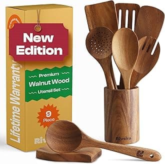 RiveiraWalnut Wooden Spoons for Cooking Set of 9 – Natural Walnut Wooden Cooking Utensils, Wooden Spatula, Wooden Spoon - Premium Quality Wooden Utensil Set for Non-Toxic Cooking