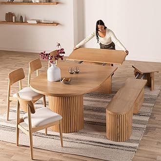 Transformer Table - Solid Wood Extendable Round Dining Table Set with Bench and 4 Chairs, Seats 4-10, Expandable Round Dining Set, Natural (Table + Bench + 4 Chairs)
