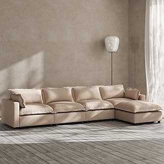 Modern Couch Modular Sectional Sofa 126" L-Shape Cloud Couch with Ottoman for Living Room Bedroom Reading Study Waitting Room, Linen Fabric-Khaki