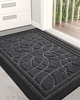DEXI Front Door Mat Outside Entrance, Heavy Duty Non Slip Low Profile Doormat for Entryway, Trap Dirt and Moisture Welcome Mats, Easy Clean, Patio, Garage, 17x29, Grey