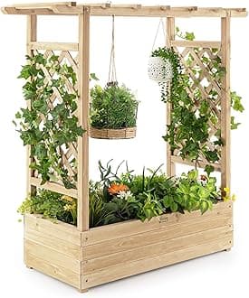 COSTWAY Garden Planter with Trellis, Hanging Roof and Drainage Holes, Weather-Resistant Wooden Raised Bed for Vine Climbing Plants, Outdoor Trough Container Grow Box Flower Pot (Natural, 110x44x113cm)