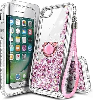 NGB Designed for iPhone SE (3rd 2022 & 2nd Gen 2020)/iPhone 8/7/6/6S Case, Rose Gold | Glitter Liquid Cute Cover for Women Girls Kids | with Tempered Glass Screen Protector & Ring Holder-Wrist Strap