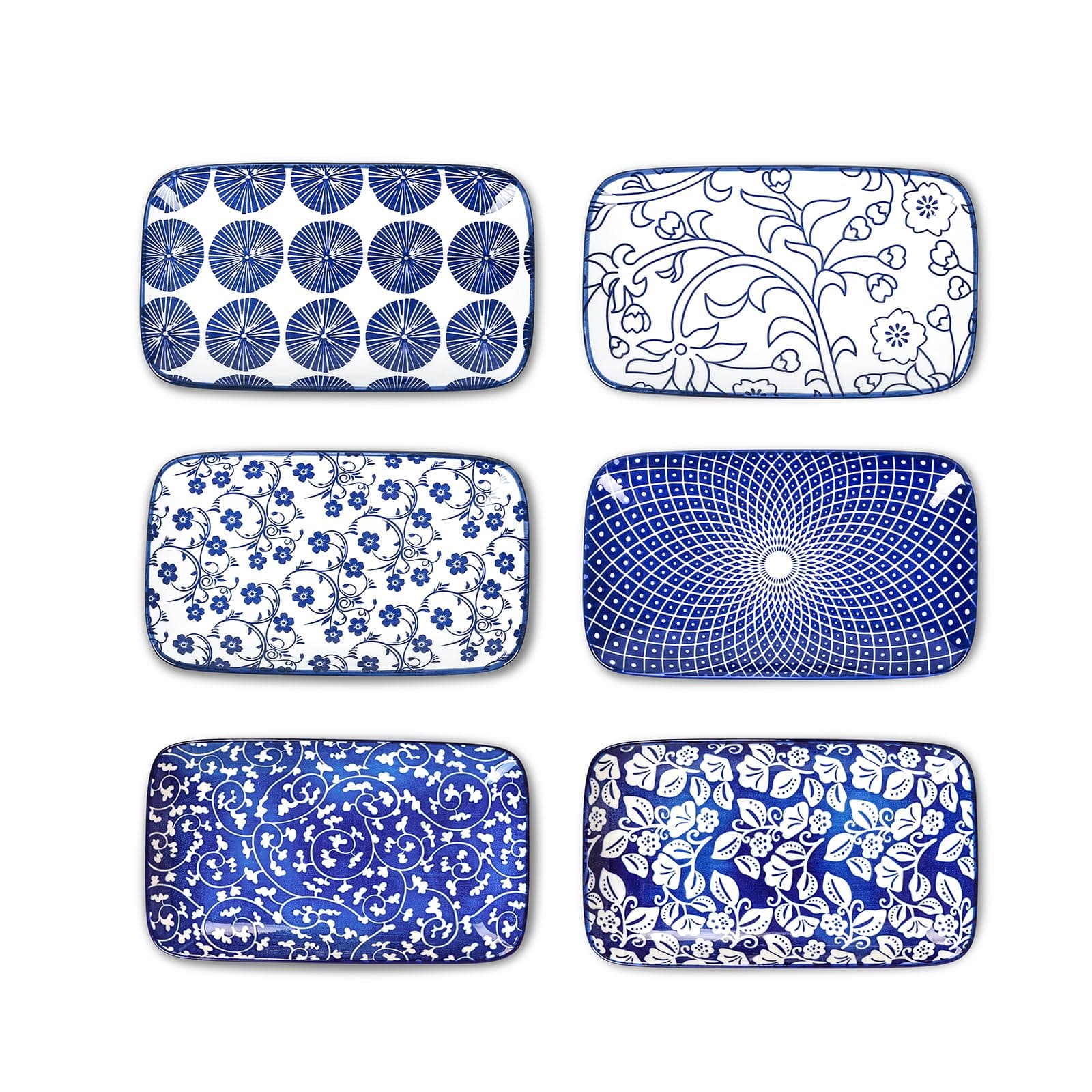 Selamica Rectangular Salad Plates, 7.1 Inch Dessert Plates Ceramic, Small Plates for Appetizer, Snack, Sushi, Fruit, Set of 6, Vintage Blue