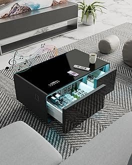 LIVTAB Smart Coffee Table, 23" D x 41.5" W x 18.1" H, Living Room Table with Built in Fridge and Speakers, Smart Table with 15W Wireless Charging, USB Chargers (Black)