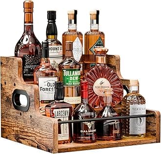 KLM Liquor Bottle Display Shelf, Coffee Syrup Rack Organizer, 3 Step Countertop Liquor Wine Rack, mini bar,liquor cabinet, Home Retro Bar Shelf Stand for Liquor Whiskey, Spirits, Brown, GL-06
