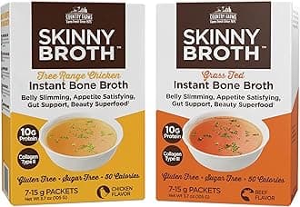 Country Farms Skinny Broth 7-Day Plan, Instant Chicken and Beef Bone Broth, 10G Protein, Collagen Type II, Promotes Better Digestion, Bone Health, 7 Day Plan, 14-15g Packets